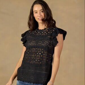 Sundance Catalog Alhambra Black Crochet Lace Flutter Top Boho Vintage Inspired